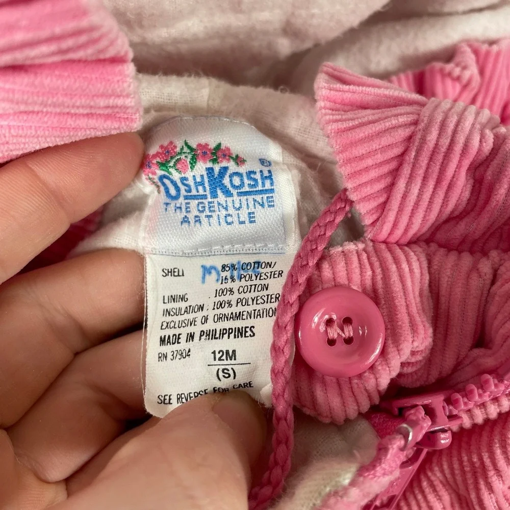 OshKosh Corduroy Snowsuit Baby 12M Pink Floral Hooded Bunting Vintage‎ 90s